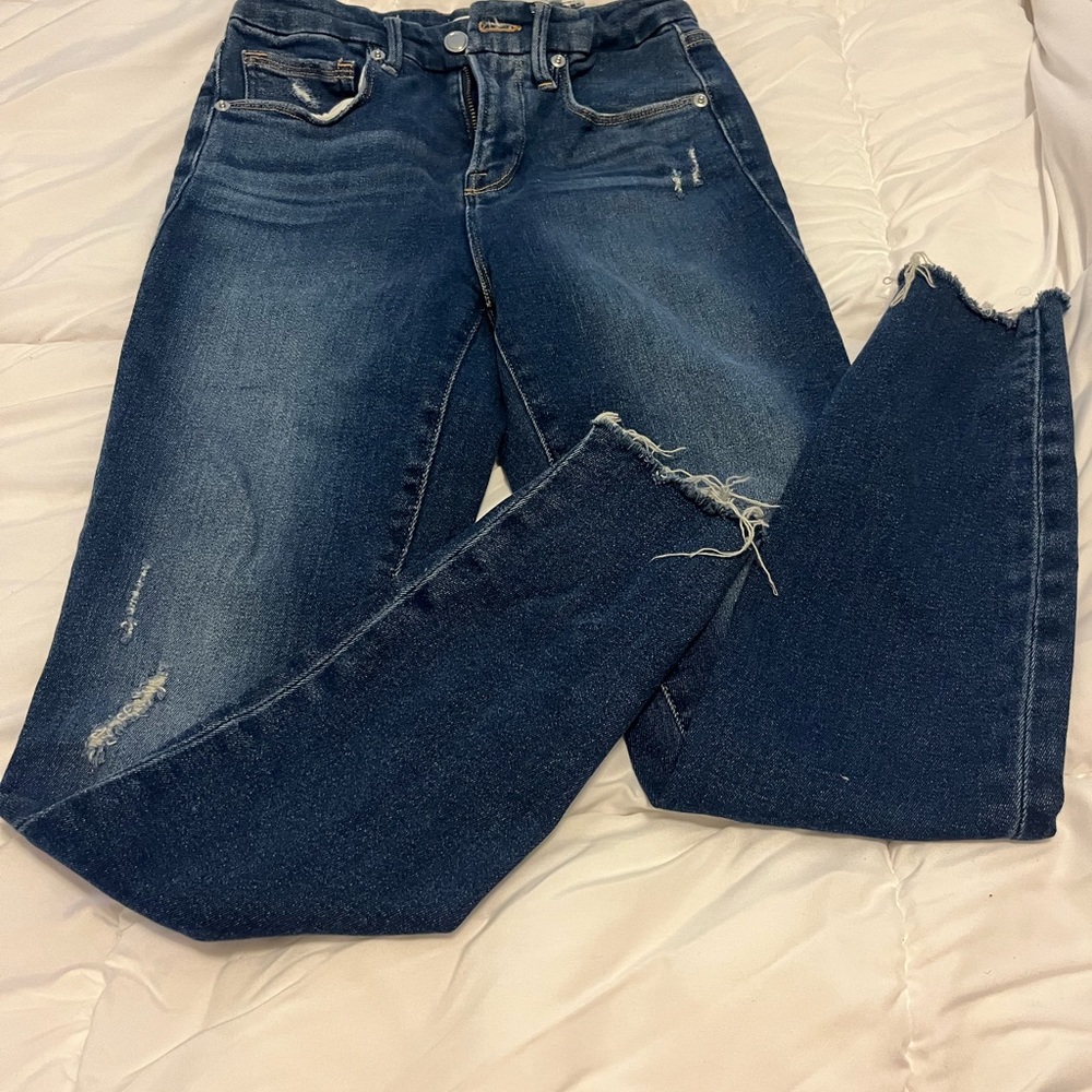 Good American Good Waist Skinny Cropped Cashmere Jeans w/ Deep V in Indigo379